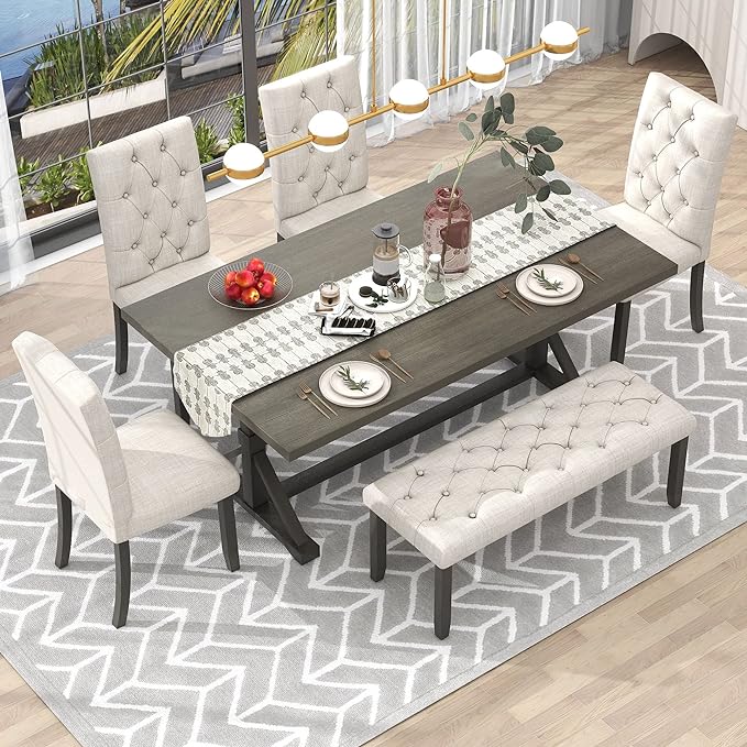 Farmhouse Rectangular 72" Wood, 4 Upholstered Chairs with Bench, Easy to Assemble, for Living, Guest Room, Home Bar and Kitchen, 6 Piece Dining Table Set, Gray 14 - LeafyLoom