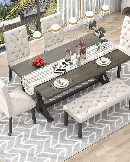 Piece Wood Rectangular Dining Set for 6, includes 1 Table with Cross-Legged Trestle Base, 4 Upholstered High Back Chairs & 1 Bench, Farmhouse Style, Gray, 72" L x 42" W x 30" H - LeafyLoom