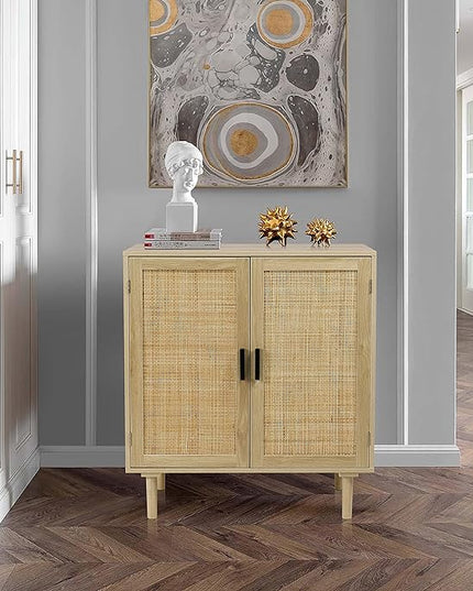 Finnhomy Sideboard Buffet Kitchen Storage Cabinet with Rattan Decorated Doors, Dining Room, Hallway, Cupboard Console Table, Liquor / Accent Cabinet, 31.5X 15.8X 34.6 Inches, Natural - LeafyLoom