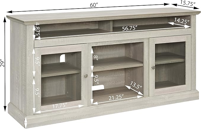 65" Farmhouse Cabinet for 65 Inch TV, Mid Century Modern Media Table Stand with Glass Door, 59'' Entertainment Center with Storage, Rustic Television Consoles for Living Room, Gray Wash - LeafyLoom