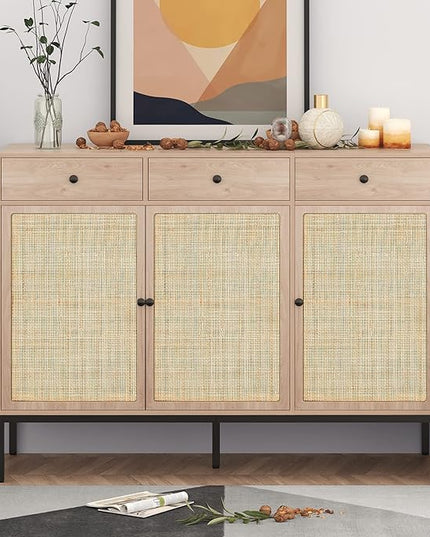 XIAO WEI Sideboard Cabinet Buffet Cabinet with Handmade Natural Decorated Doors and 3 Drawers Rattan Cabinet, Accent Cabinet, Console Table with Metal Legs for Living Room, Hallway, Entryway - LeafyLoom