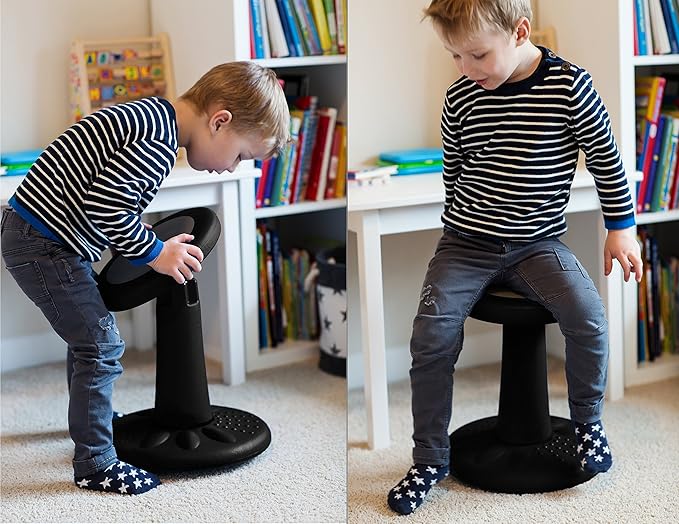Studico ActiveChairs Kids Wobble Chair, Flexible Preschool & Elementary Classroom Seating, Improves Focus, Posture & Helps ADHD/ADD, Sensory Chair, [Active Fidget Chairs], 14" Stool, Ages 3-7, Black - LeafyLoom