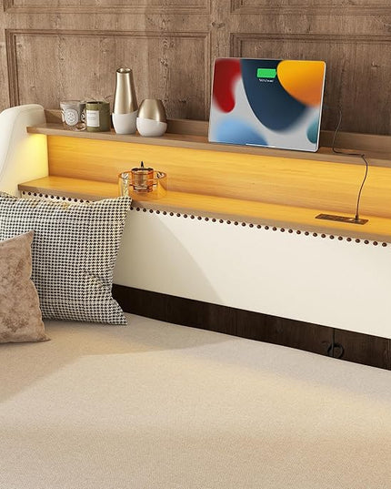 Twin Size Daybed with Trundle, Upholstered Daybed with Charging Station and LED Lights, PU Leather Fabric Bedframe w/Headboard & Wood Slat Support, White - LeafyLoom