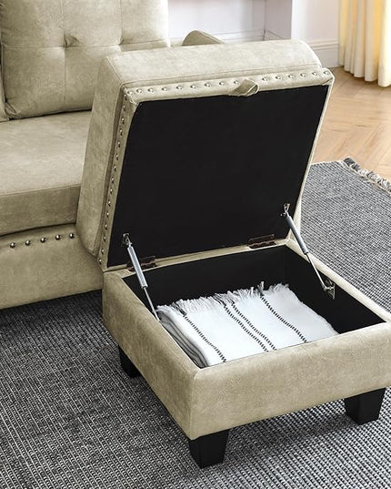 Velvet L Shaped Sofa with Reversible Chaise Lounge, Storage Ottoman, Pillows & Side Pocket, Button Tufted Backrest, 6-Seater Upholstered Corner Sectional Couches for Living Room Furniture Set - LeafyLoom