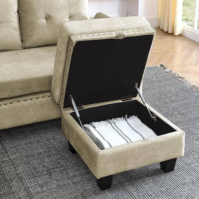 Velvet L Shaped Sofa with Reversible Chaise Lounge, Storage Ottoman, Pillows & Side Pocket, Button Tufted Backrest, 6-Seater Upholstered Corner Sectional Couches for Living Room Furniture Set - LeafyLoom