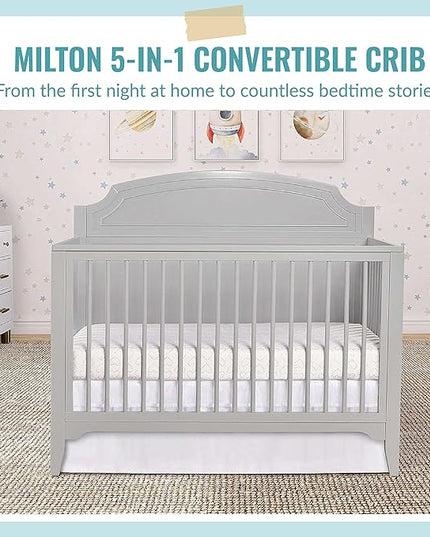 JPMA & Greenguard Gold Certified Milton 5-in-1 Convertible Crib Made with Sustainable New Zealand Pinewood in Pebble Grey, Non-Toxic Finish - LeafyLoom