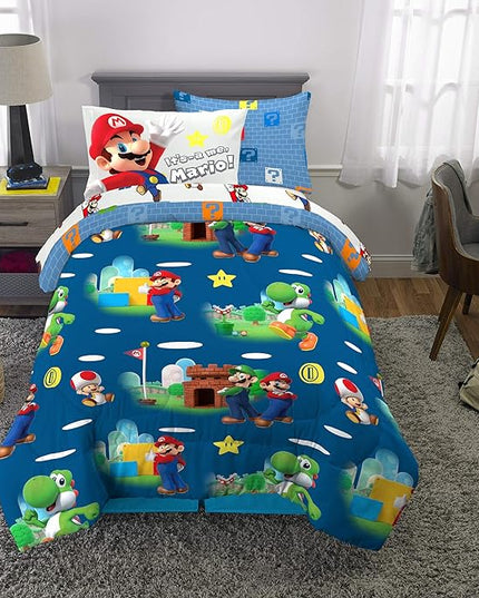 Franco Kids Bedding Super Soft Comforter and Sheet Set with Sham, 5 Piece Twin Size, Mario - LeafyLoom