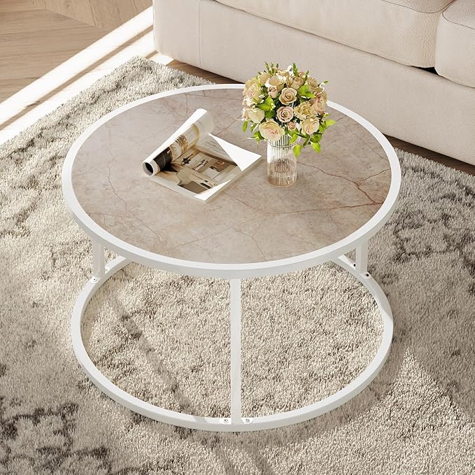 SAYGOER Marble Coffee Table Small Round Center Table Simple Modern Boho for Living Room Home Office, 27.6 * 27.6 * 17.7, Easy Assembly, Cream White Faux Marble - LeafyLoom