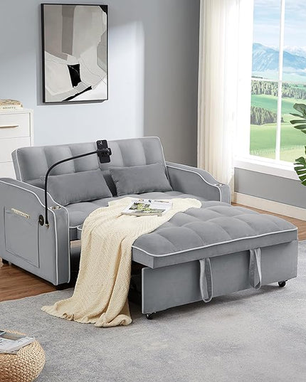 55" Full Size Pull Out Couch, 3 in 1 Convertible Futon Sofa Bed, Velvet Loveseat Sofa Cama, Foldable Lounge Sleeper Sofa with Pullout Bed, Small Couch for Living Room, Type C & USB Port - LeafyLoom