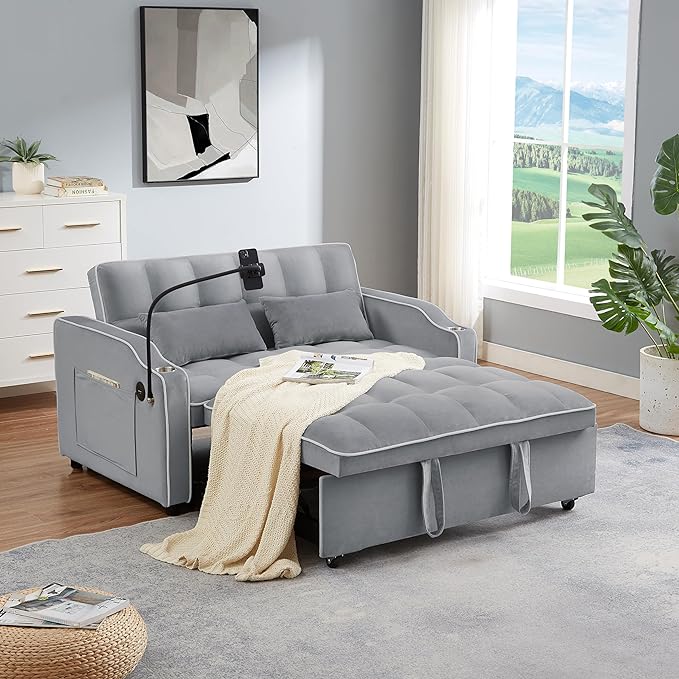 55" Full Size Pull Out Couch, 3 in 1 Convertible Futon Sofa Bed, Velvet Loveseat Sofa Cama, Foldable Lounge Sleeper Sofa with Pullout Bed, Small Couch for Living Room, Type C & USB Port - LeafyLoom