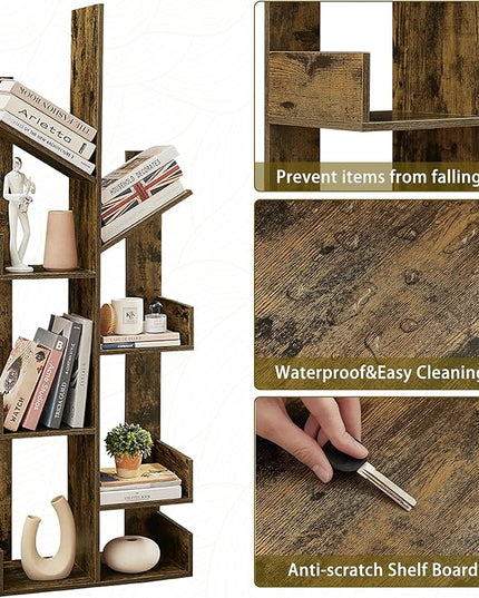 VECELO 8 Shelf Tree Bookcase,Wooden Tree Bookshelf Display with 8 Storage Shelves,Tree-Shaped Shelf Racks Organizer for Books,Magazines,CDs Decors for LivingRoom Bedroom Home Office,Rustic Brown - LeafyLoom
