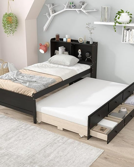 Platform Bed Twin Size with Bookcase Headboard, Trundle and 3 Drawers, Wooden Storage Bedframe for Kids Teens Adults Bedroom - LeafyLoom