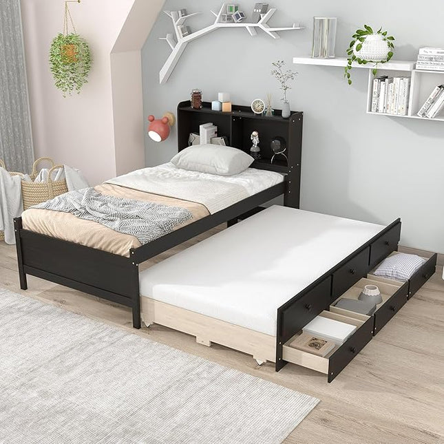 Platform Bed Twin Size with Bookcase Headboard, Trundle and 3 Drawers, Wooden Storage Bedframe for Kids Teens Adults Bedroom - LeafyLoom