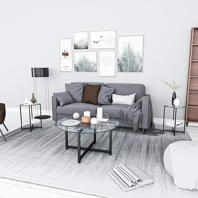 NicBex Coffee Table Modern Tempered Glass Coffee Table with Storage Round Center Tables with Metal Legs Dining Table for Living Room, Dining Room, Office, and Bedroom,35.44" W, Transparent+Gray - LeafyLoom