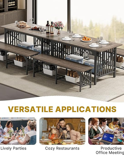 DWVO 3-Piece Dining Table Set for 4-6 People, 63" Dining Room Table with 2 Benches, Industrial Rectangular Dining Room Table Set with Storage for Kitchen, Dining Room, Grey - LeafyLoom