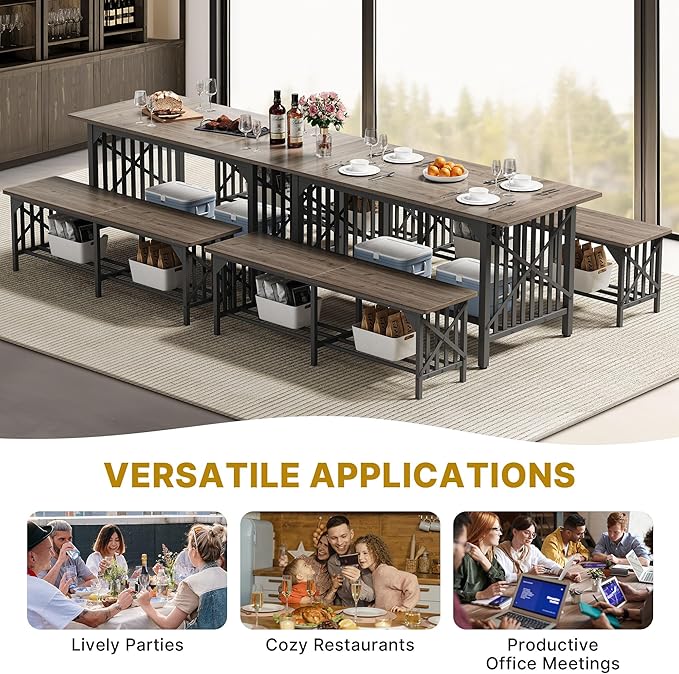 DWVO 3-Piece Dining Table Set for 4-6 People, 63" Dining Room Table with 2 Benches, Industrial Rectangular Dining Room Table Set with Storage for Kitchen, Dining Room, Grey - LeafyLoom