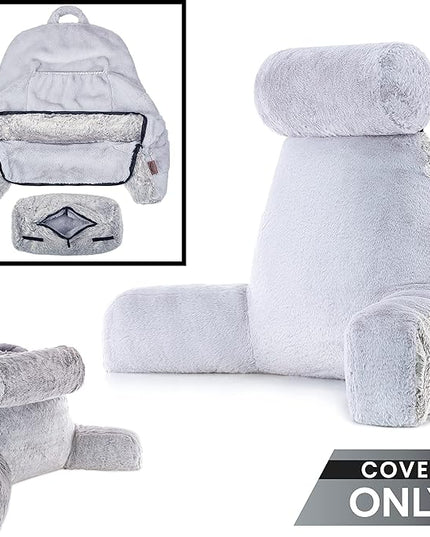 XXL Husband Pillow Cover Only - Rare Baby Arctic Grey Wolf Fur Backrest Pillowcase Set, Two-Tone Reversible Double Sided Fabulous Faux Fur Reading & Bed Rest, Thick Zippers, 2 Sided Solid Neck Rolls - LeafyLoom