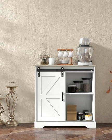Panana Sliding Barn Door Buffet Sideboard Storage Cabinet Coffee Bar Kitchen Farmhouse Style (White Cabinet Nature Top) - LeafyLoom