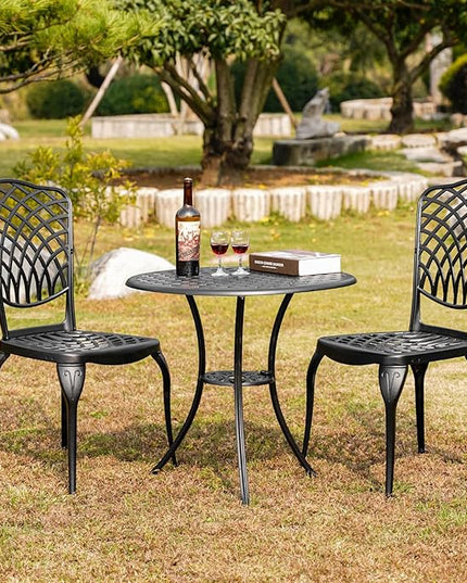 3 Piece Bistro Table Set Anti-Rust Outdoor Bistro Set Cast Alumiunm Patio Table and Chairs Set for 2, Patio Bistro Set Furniture Black - LeafyLoom