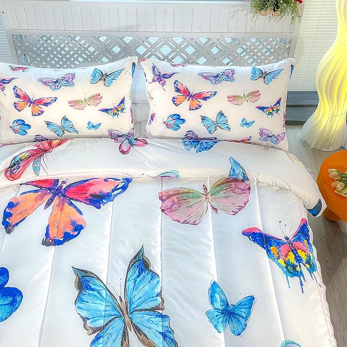 CVHOUSE Bedding Set, Full Size, Butterfly Design for Girls Kids Teens, 3Pcs Including Comforter and 2 Pillowcases - LeafyLoom