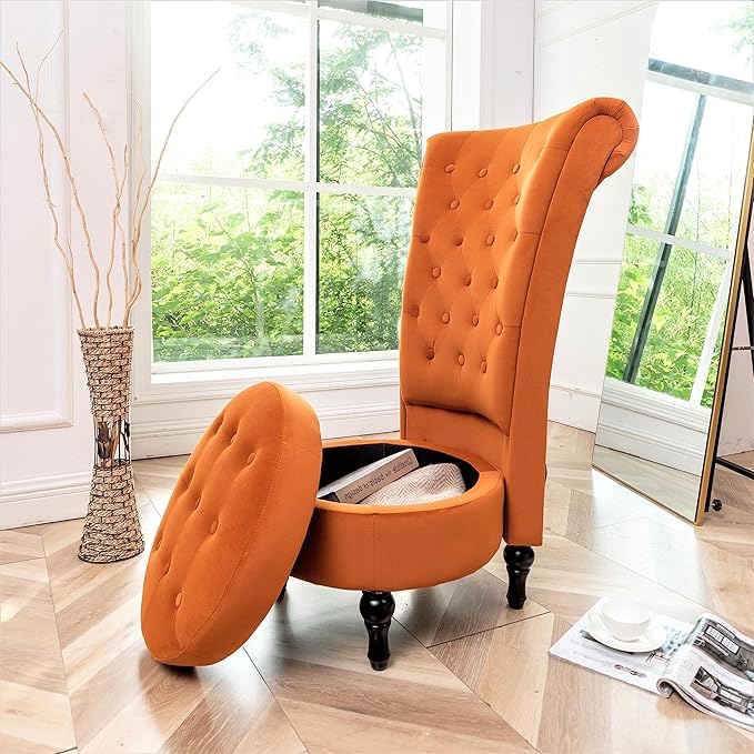 Red Orange Velvet Accent Chair for Vanity with Storage and Luxurious Upholstery, Retro Design and Versatile Usage for Livingroom, Bedroom, Lounge and Office - LeafyLoom