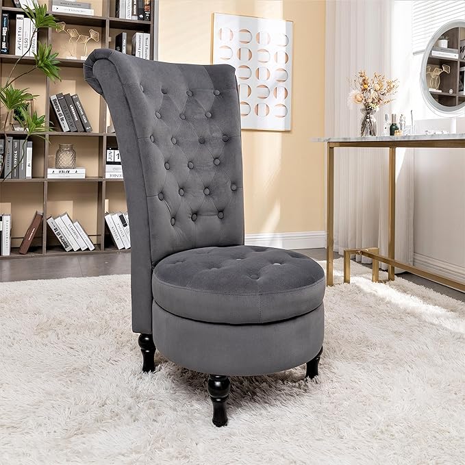 Royal Velvet Accent Chair for Vanity with Storage and Luxurious Upholstery, Retro Design and Versatile Usage for Living Room, Bedroom, Lounge and Office, Grey - LeafyLoom