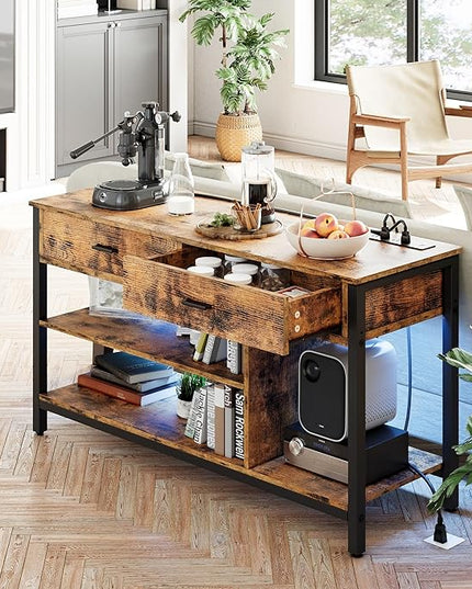 IRONCK TV Stand LED Lights, Entertainment Center with Power Outlet for 55 Inch TV, Industrial TV Console with Media Storage Shelf and 2 Large Drawers,for Bedroom/Living Room, Vintage Brown - LeafyLoom
