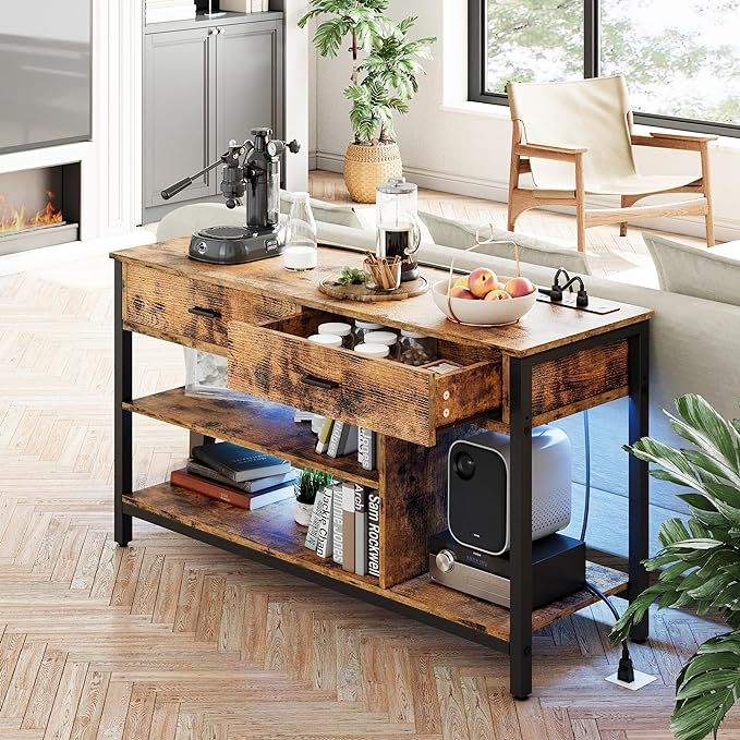 IRONCK TV Stand LED Lights, Entertainment Center with Power Outlet for 55 Inch TV, Industrial TV Console with Media Storage Shelf and 2 Large Drawers,for Bedroom/Living Room, Vintage Brown - LeafyLoom