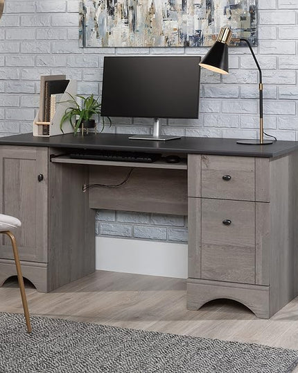 Sauder Miscellaneous Office Computer Desk with Drawers, L: 59.45" x W: 23.47" x H: 29.02", Mystic Oak finish - LeafyLoom