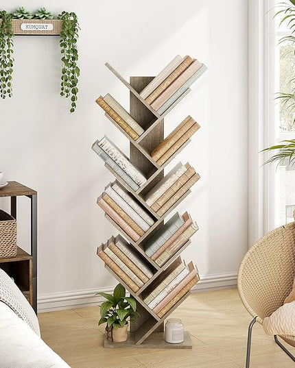 Hoctieon 10 Tier Tree Bookshelf, 10 Shelf Bookcase, Free Standing Tree Bookcase, Display Floor Standing Shelf for Books, Book Organizer Shelves for Home Office, Living Room, Bedroom, Greige - LeafyLoom