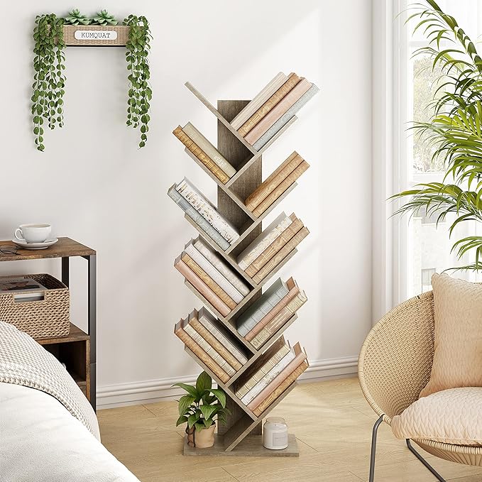 Hoctieon 10 Tier Tree Bookshelf, 10 Shelf Bookcase, Free Standing Tree Bookcase, Display Floor Standing Shelf for Books, Book Organizer Shelves for Home Office, Living Room, Bedroom, Greige - LeafyLoom