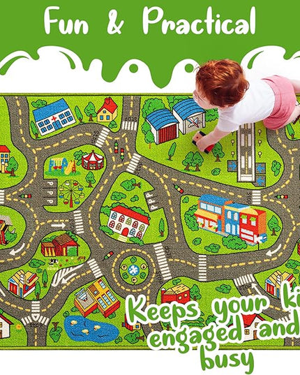 Kids Carpet Playmat City Life 3D Playroom Rug | 30 x 60 Inch Extra Large Toddler Activity Mat for Race Cars & Toys | Playroom Rug Makes a Fun Educational Gift Idea for Boys & Girls (Green) - LeafyLoom