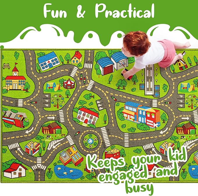 Kids Carpet Playmat City Life 3D Playroom Rug | 30 x 60 Inch Extra Large Toddler Activity Mat for Race Cars & Toys | Playroom Rug Makes a Fun Educational Gift Idea for Boys & Girls (Green) - LeafyLoom
