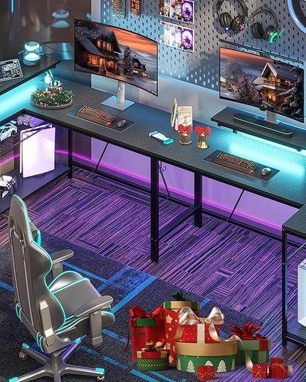 Bestier 58 L Shaped Gaming Desk with LED Lights & Power Outlets,Reversible Home Office Corner Desk with Shelves,Larger PC Workstation with Hooks for Studying,Desk for Bedroom,Carbon Fiber Black - LeafyLoom