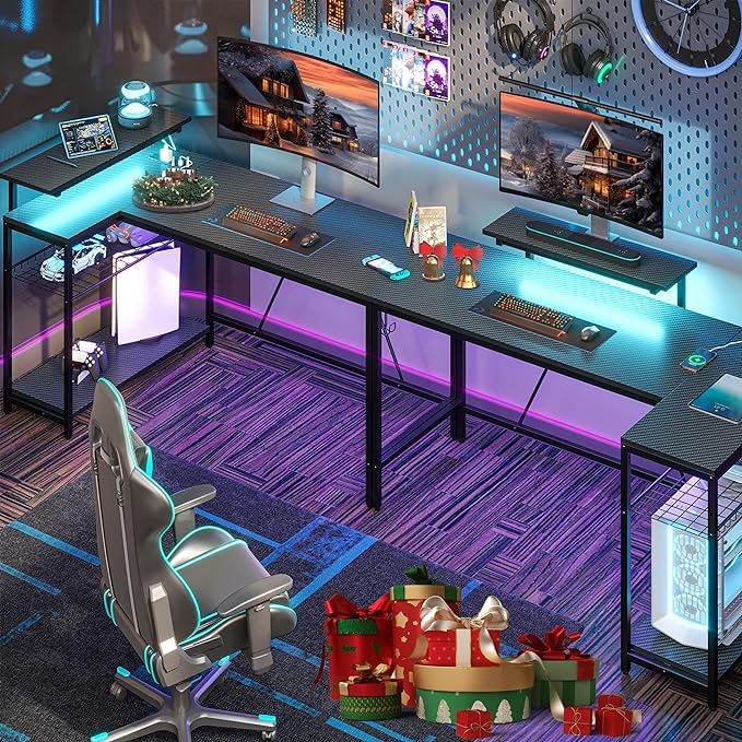 Bestier 58 L Shaped Gaming Desk with LED Lights & Power Outlets,Reversible Home Office Corner Desk with Shelves,Larger PC Workstation with Hooks for Studying,Desk for Bedroom,Carbon Fiber Black - LeafyLoom