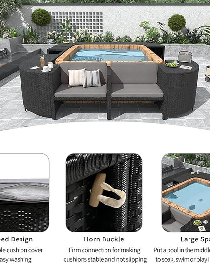 Outdoor Patio Furniture Set Spa Surround Quadrilateral Sofa with Wood Seatings, Rattan Sectional Couch w/Storage Space and Waterproof Cushions, for Yard Pool Backyard, Grey - LeafyLoom