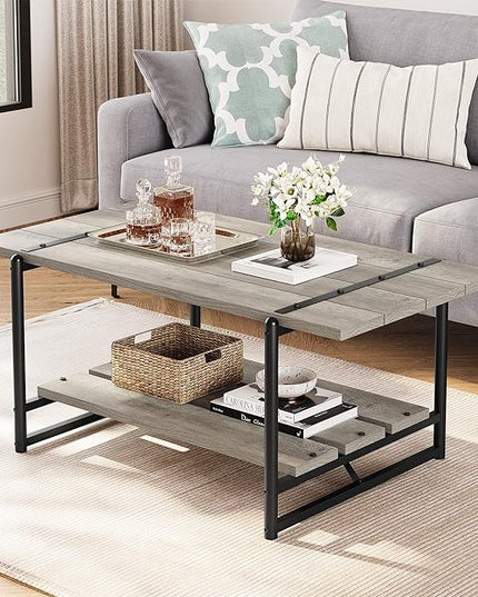 Towallmark 2-Tier Wood Coffee Table, Farmhouse Coffee Table with Storage Shelf- Rustic Metal Rectangle Center Living Room Coffee Table Accent Furniture for Home Office (Gray) - LeafyLoom