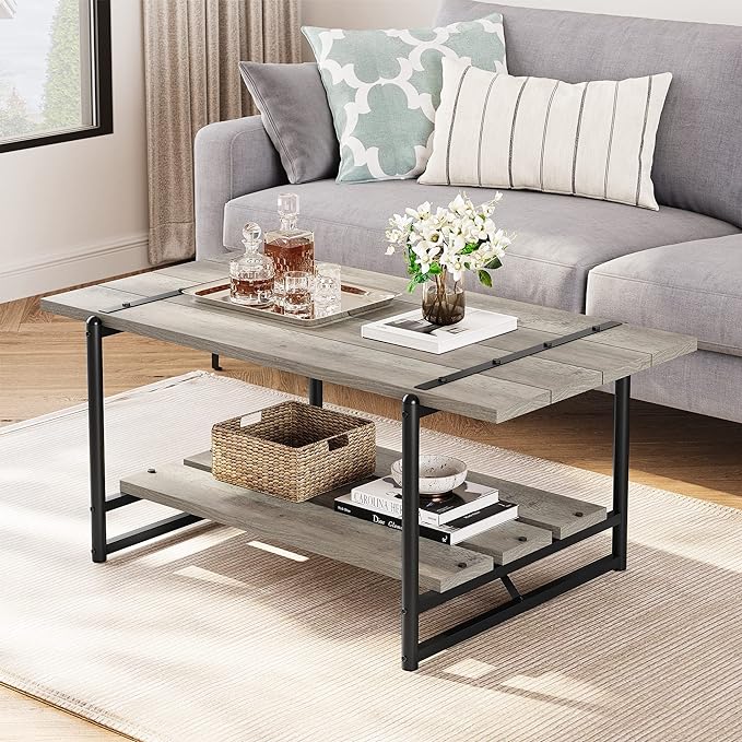 Towallmark 2-Tier Wood Coffee Table, Farmhouse Coffee Table with Storage Shelf- Rustic Metal Rectangle Center Living Room Coffee Table Accent Furniture for Home Office (Gray) - LeafyLoom