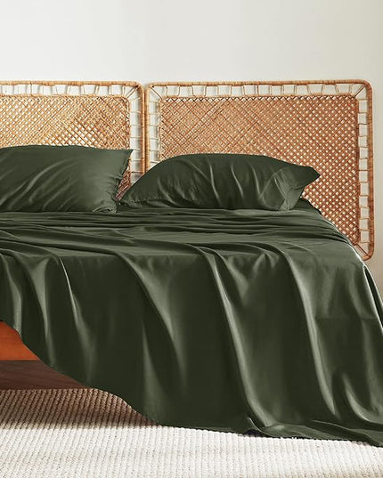 Bedsure Queen Sheets, Rayon Derived from Bamboo, Queen Cooling Sheet Set, Deep Pocket Up to 16", Breathable & Soft Bed Sheets, Hotel Luxury Silky Bedding Sheets & Pillowcases, Olive green - LeafyLoom