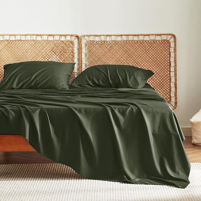 Bedsure Queen Sheets, Rayon Derived from Bamboo, Queen Cooling Sheet Set, Deep Pocket Up to 16", Breathable & Soft Bed Sheets, Hotel Luxury Silky Bedding Sheets & Pillowcases, Olive green - LeafyLoom