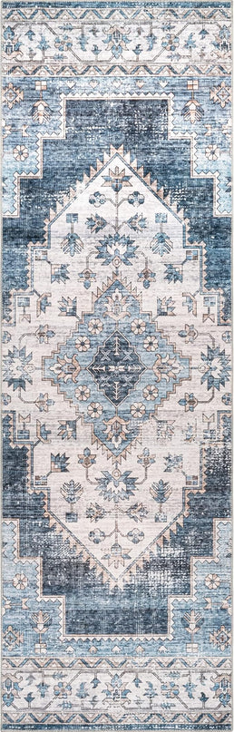 nuLOOM Dania Machine Washable Medallion Ultra Thin Runner Rug, 2' 6" x 8', Navy - LeafyLoom