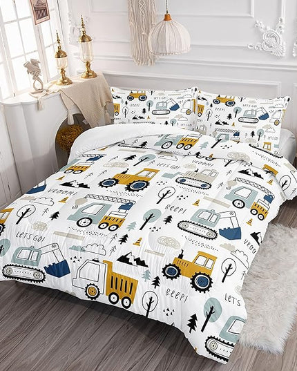 Datura home Kids Cartoon Excavator Bedding Comforter Sets for Boy and Girls,Construction Truck Bulldozer Tree Pattern Comforter Set with 2 Pillowcase and 1 Comforter(Excavator Full) - LeafyLoom