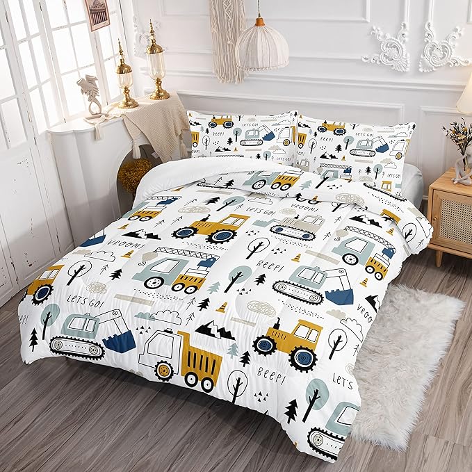 Datura home Kids Cartoon Excavator Bedding Comforter Sets for Boy and Girls,Construction Truck Bulldozer Tree Pattern Comforter Set with 2 Pillowcase and 1 Comforter(Excavator Queen) - LeafyLoom