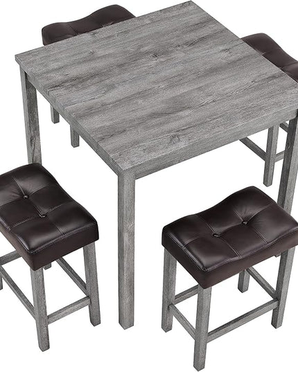 5 Piece Square, Industrial Breakfast Table + 4 Upholstered Stools, Bistro Dining Set, for Living, Small Apartment, Farmhouse, Game Room, Brown+Light Gray - LeafyLoom