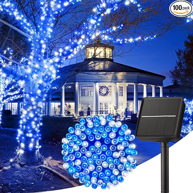 Minetom Solar Christmas Lights Outdoor Waterproof, 40FT 100 LED Solar Lights with 8 Modes, Solar Christmas Outdoor Decoration, Solar String Lights for Outside House Tree Party Yard, Blue& Pure White Minetom