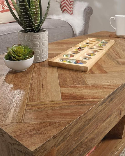 Sauder Cannery Bridge Lift Top Coffee Table, L: 43.15" x W: 19.45" x H: 19.02", Sindoori Mango finish - LeafyLoom