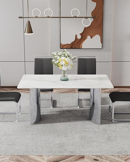 NicBex 63Inch Rectangular Dining Table,Modern Kitchen Table with Imitation Marble Glass Sticker Tabletop and Stainless Steel Legs for 6 to 8,Dining Room Table for Kitchen,Meeting Living Room,White - LeafyLoom