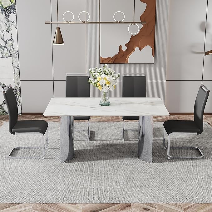 NicBex 63Inch Rectangular Dining Table,Modern Kitchen Table with Imitation Marble Glass Sticker Tabletop and Stainless Steel Legs for 6 to 8,Dining Room Table for Kitchen,Meeting Living Room,White - LeafyLoom