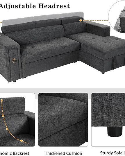 96“ L-Shape Sectional Sleeper Sofa with Pull out Bed, Adjustable Headrest &Storage Chaise, Linen Upholstered Convertible Couch w/Wireless Charging &Cup Holders, for Living Room Apartment - LeafyLoom