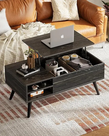WLIVE Wood Lift Top Coffee Table with Hidden Compartment and Adjustable Storage Shelf, Lift Tabletop Dining Table for Home Living Room, Office, Charcoal Black - LeafyLoom